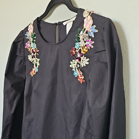 H&M Jeweled Gem embellished Black L/S Romantic Blouse NWT Size 14 - Picture 4 of 9